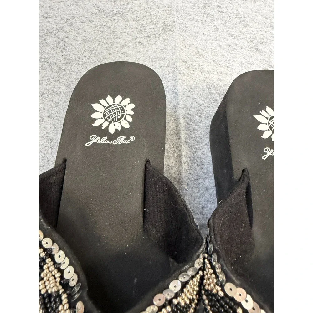 Yellow Box "Desiree" Black Sequin-Embellished Wedge Flip Flop Women's 9M - Picture 3 of 7